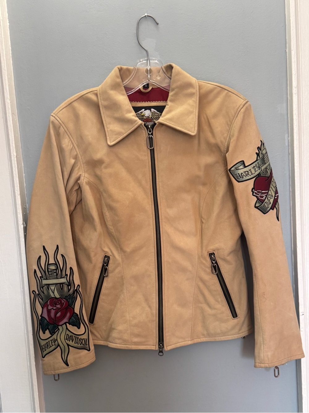 Harley-Davidson Leather Moto Buckskin Tattoo Graphic Jacket Women’s Small Tan